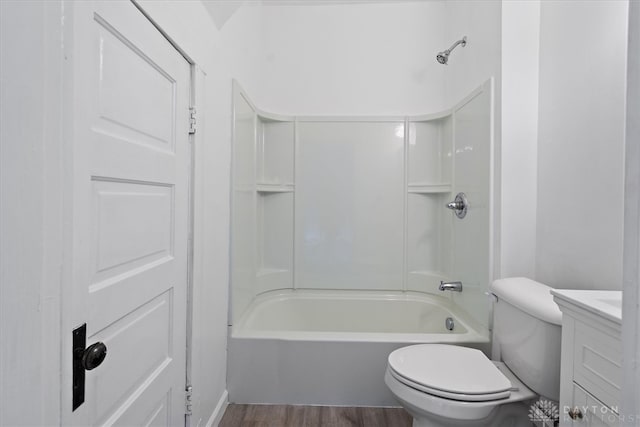 full bathroom featuring toilet, shower / bath combination, vanity, and wood-type flooring