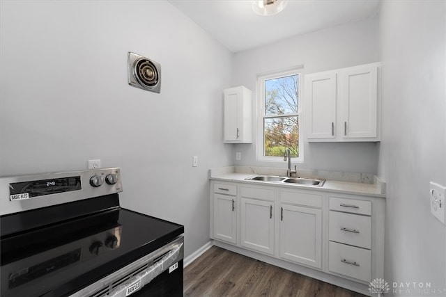 kitchen with white cabinetry, dark hardwood / wood-style flooring, stainless steel range with electric stovetop, and sink