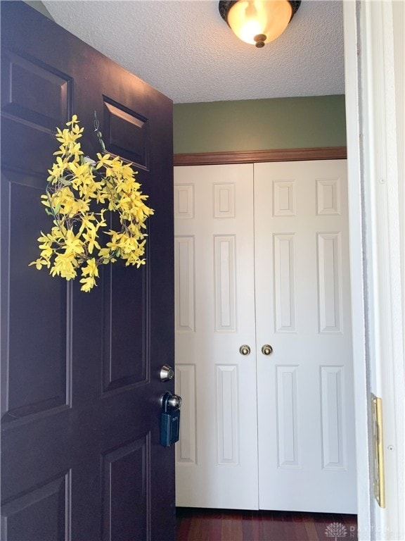 foyer entrance featuring dark hardwood / wood-style floors and a textured ceiling