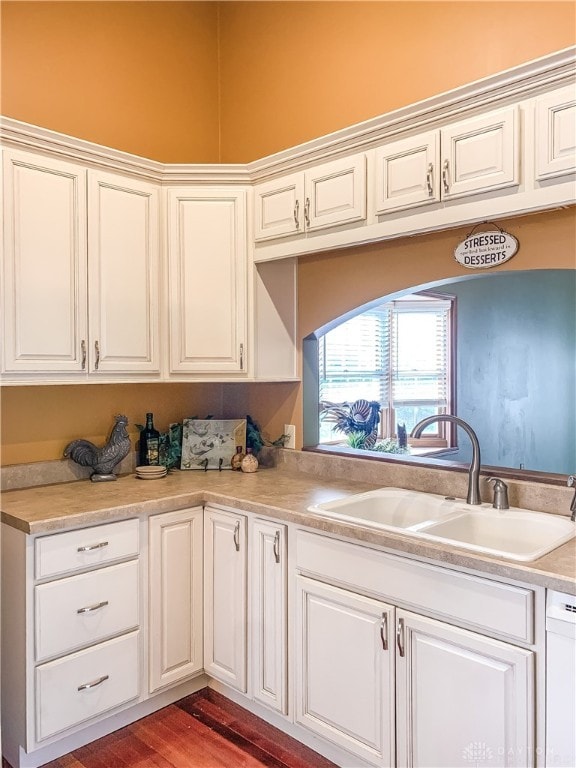 kitchen featuring white cabinets, wood-type flooring, and sink