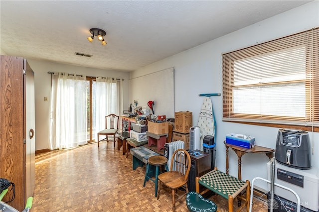 misc room with parquet floors, a textured ceiling, and a wealth of natural light