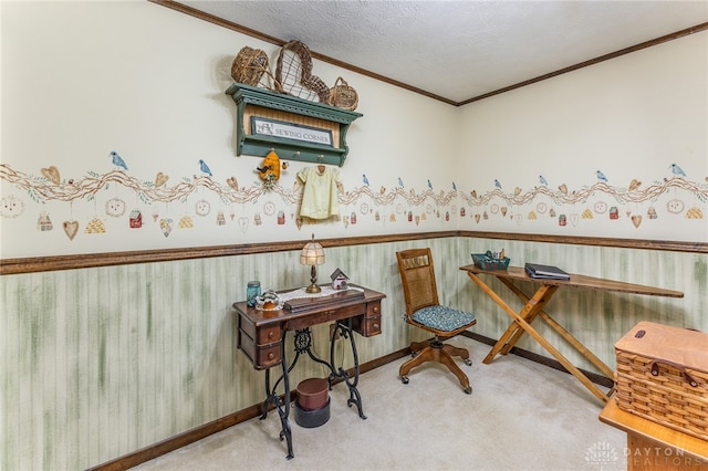 miscellaneous room with crown molding, carpet floors, and a textured ceiling