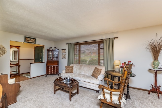 living room with a textured ceiling and light colored carpet