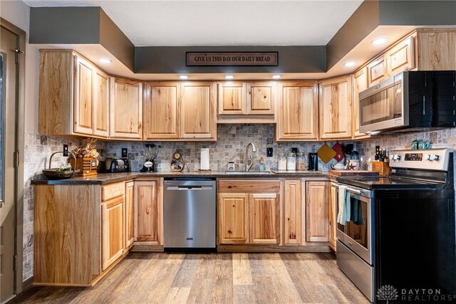 kitchen with sink, light wood-type flooring, stainless steel appliances, and tasteful backsplash