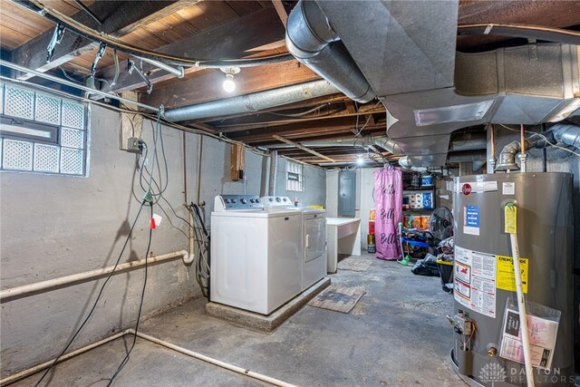 basement featuring electric panel, gas water heater, and independent washer and dryer