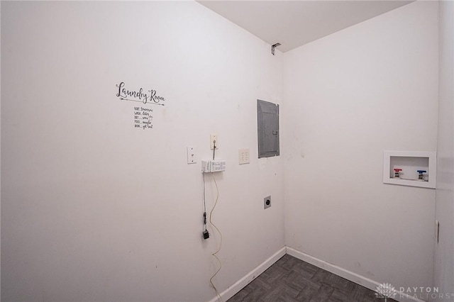 laundry area with electric panel, dark parquet flooring, washer hookup, and hookup for an electric dryer