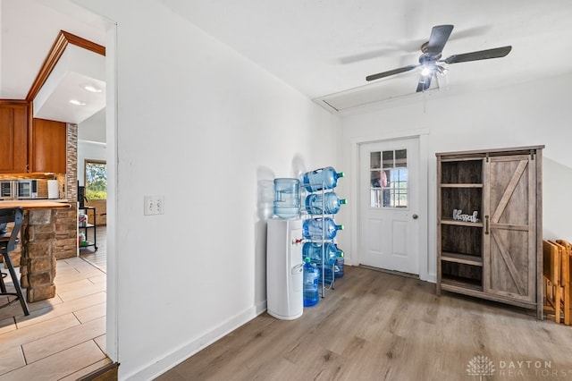 entrance foyer with light hardwood / wood-style floors and ceiling fan