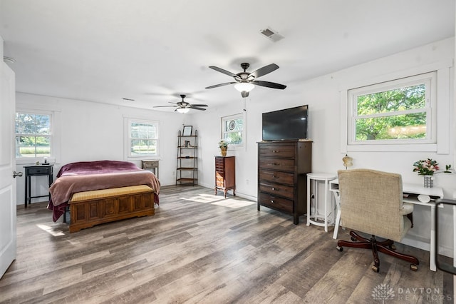 bedroom featuring multiple windows and hardwood / wood-style floors