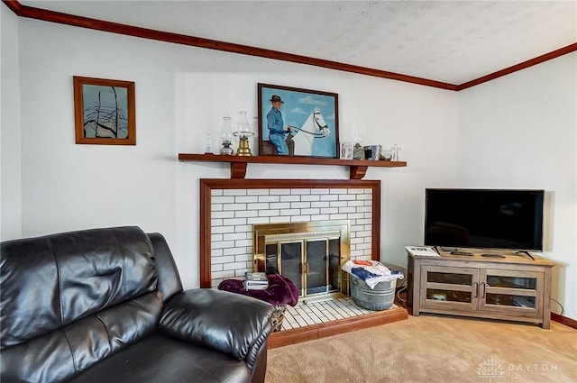 living room featuring a fireplace, a textured ceiling, carpet floors, and ornamental molding