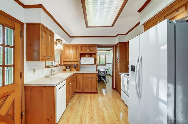 kitchen featuring plenty of natural light, light wood-type flooring, white appliances, and sink