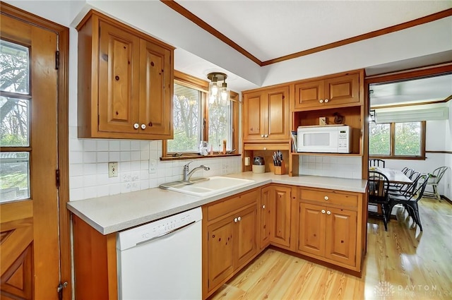 kitchen with a healthy amount of sunlight, white appliances, sink, and light hardwood / wood-style flooring