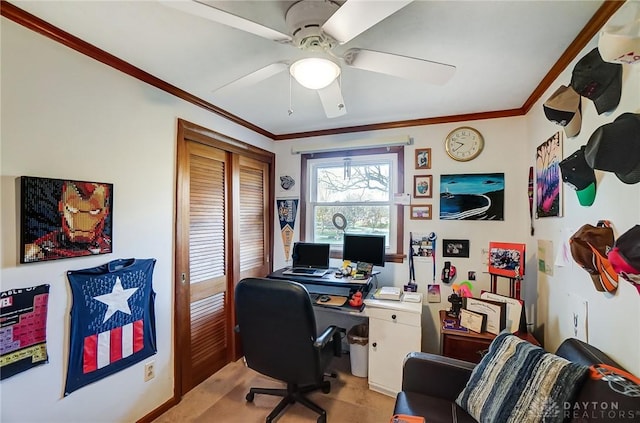 office space with ceiling fan and ornamental molding