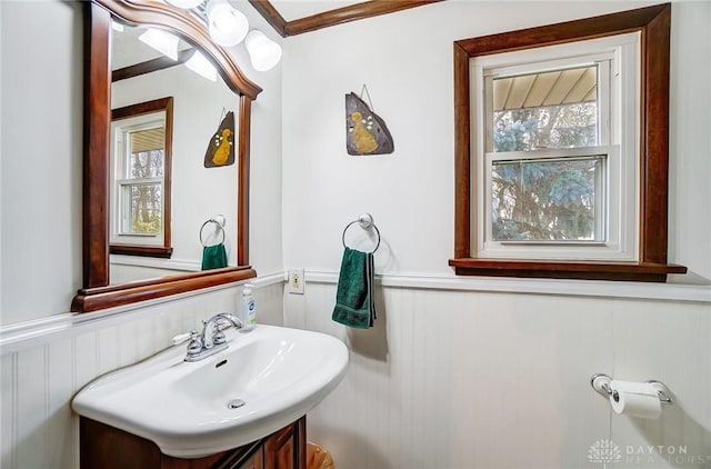 bathroom with crown molding, a healthy amount of sunlight, and sink