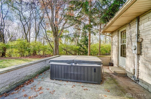 view of patio / terrace with a hot tub