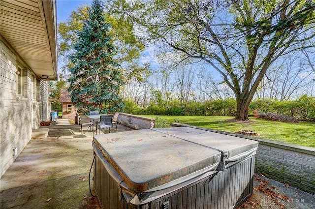 view of yard with a patio area and a hot tub