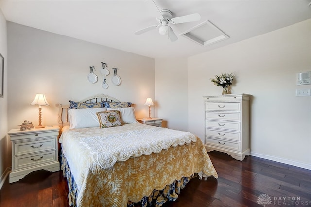 bedroom featuring ceiling fan and dark wood-type flooring