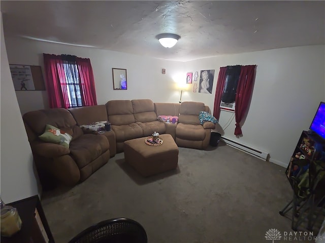 living room with carpet flooring and a baseboard radiator