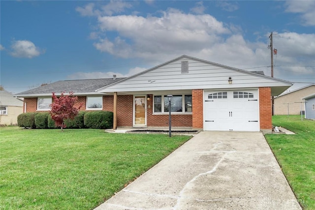 single story home featuring a front yard and a garage