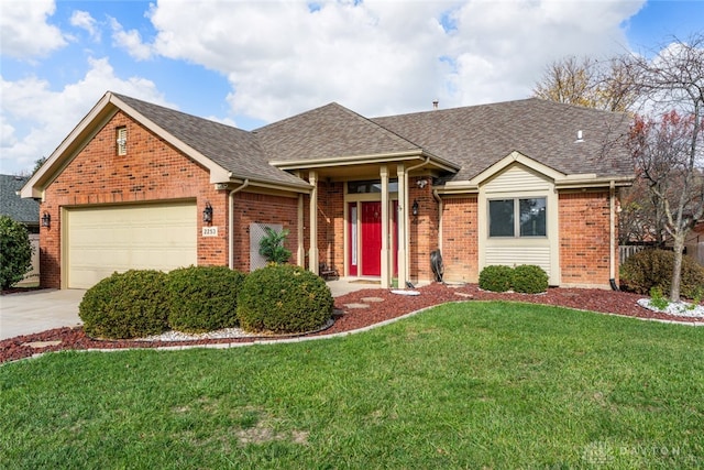 single story home with a front lawn and a garage