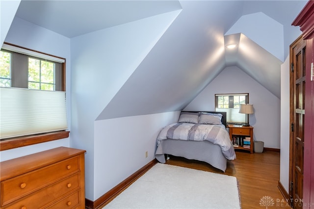 bedroom featuring light hardwood / wood-style floors, vaulted ceiling, and multiple windows