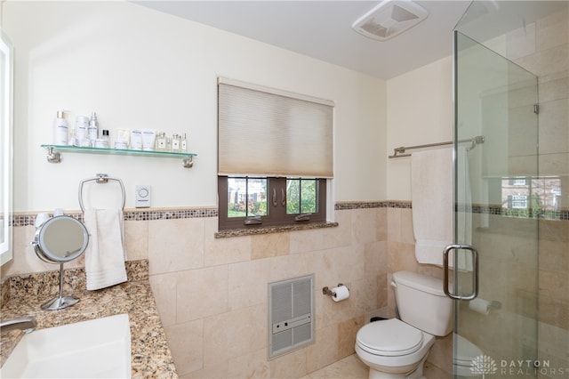 bathroom with walk in shower, heating unit, toilet, and tile walls