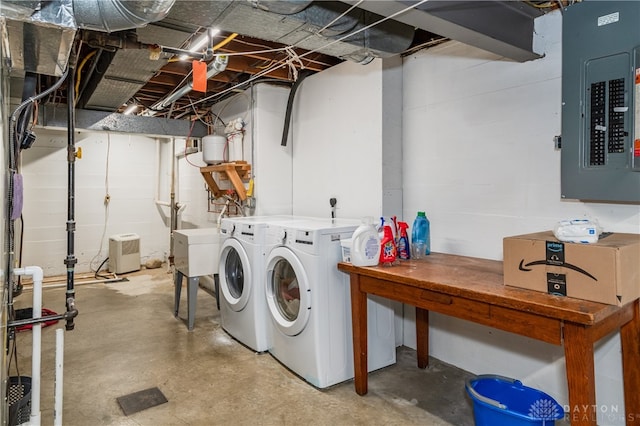 clothes washing area featuring washing machine and dryer and electric panel