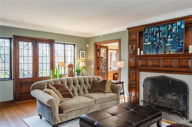 living room featuring a wealth of natural light, light hardwood / wood-style flooring, and ornamental molding