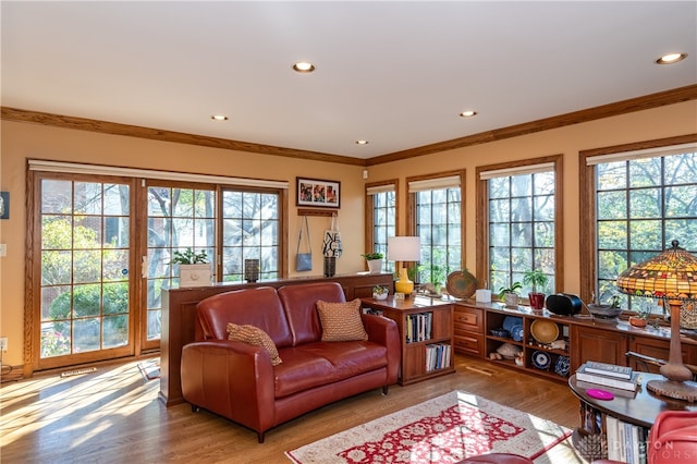 interior space featuring light hardwood / wood-style flooring and crown molding