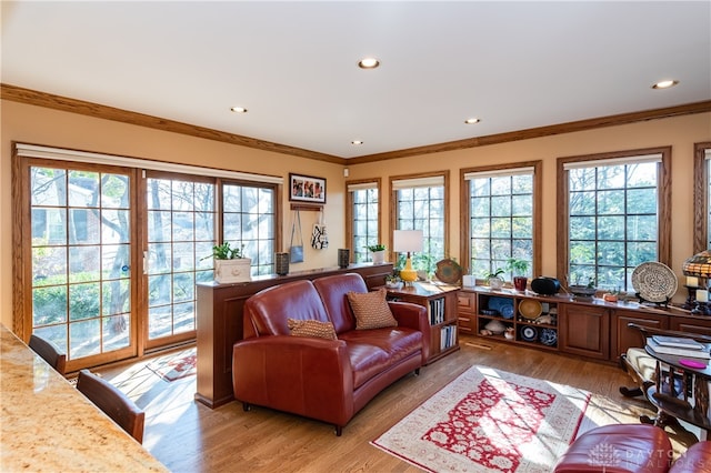 living room with ornamental molding and light hardwood / wood-style flooring