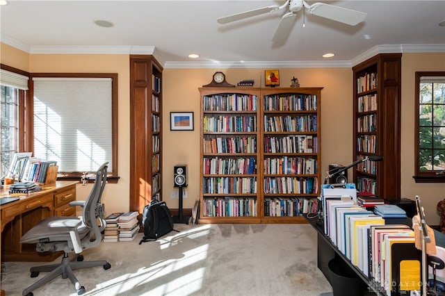 home office featuring carpet, ceiling fan, and crown molding