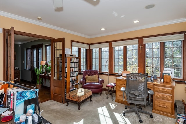 carpeted office with crown molding