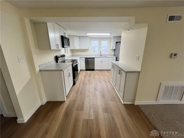 kitchen with white cabinetry, sink, light hardwood / wood-style floors, and appliances with stainless steel finishes