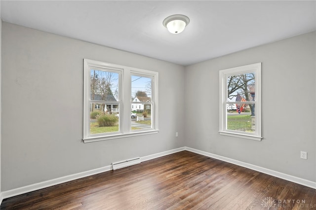 empty room with dark hardwood / wood-style floors and a baseboard radiator