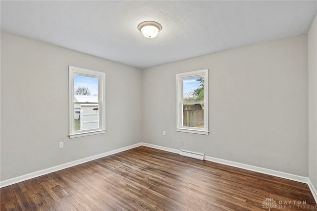 empty room with dark hardwood / wood-style flooring and a baseboard radiator