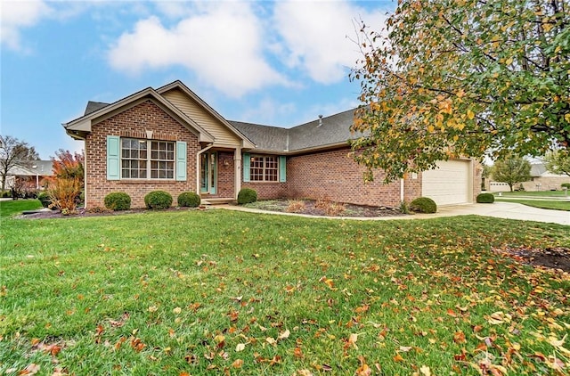 single story home featuring a front yard and a garage