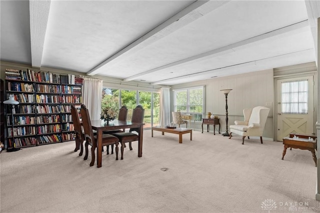 interior space with beam ceiling and light carpet