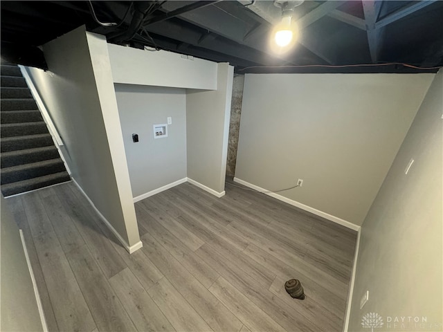 basement with wood-type flooring