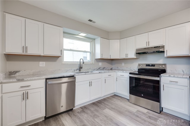 kitchen featuring white cabinetry, sink, stainless steel appliances, and light hardwood / wood-style flooring