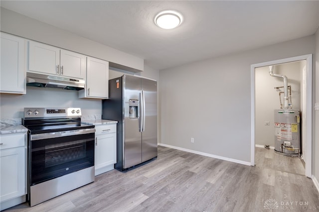 kitchen featuring water heater, light hardwood / wood-style flooring, white cabinets, and stainless steel appliances