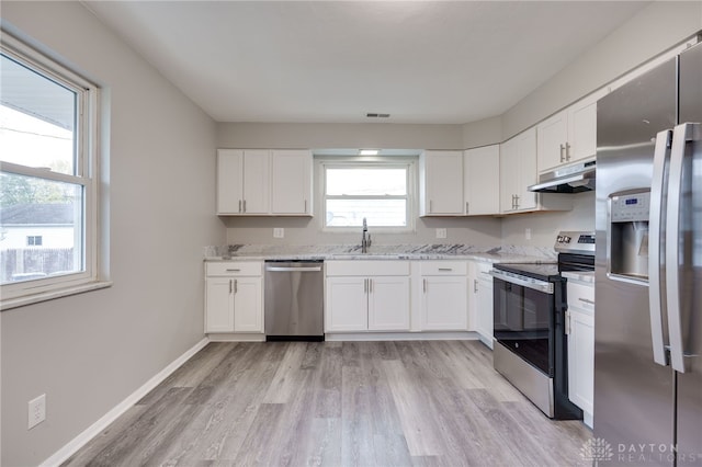 kitchen featuring white cabinets, stainless steel appliances, light stone counters, and light hardwood / wood-style floors