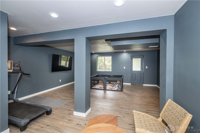 exercise room featuring wood-type flooring