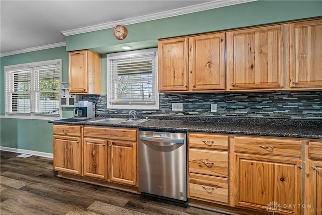 kitchen featuring dishwasher, dark hardwood / wood-style flooring, ornamental molding, and backsplash