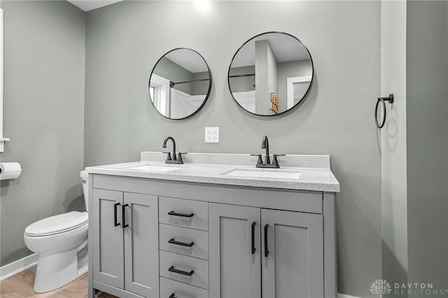 bathroom with wood-type flooring, vanity, and toilet