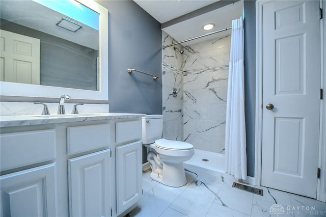 full bath with toilet, visible vents, vanity, marble finish floor, and a shower stall