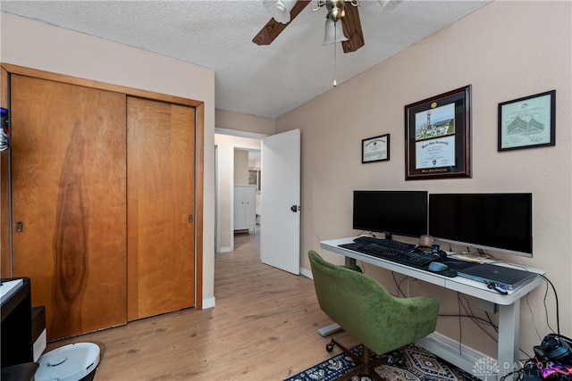 home office featuring ceiling fan, a textured ceiling, and light hardwood / wood-style flooring