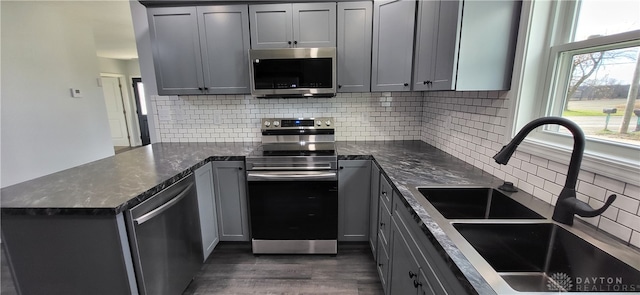 kitchen with gray cabinetry, sink, stainless steel appliances, dark hardwood / wood-style floors, and decorative backsplash