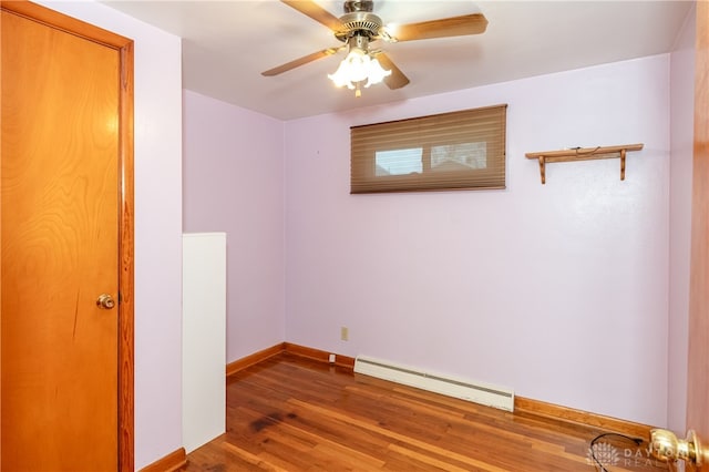 spare room featuring ceiling fan, a baseboard radiator, and dark hardwood / wood-style floors