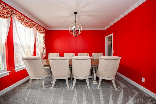 dining space featuring a healthy amount of sunlight, a chandelier, and carpet flooring