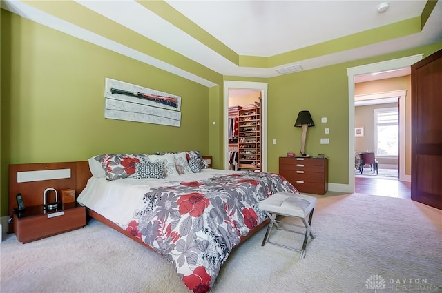 carpeted bedroom with a spacious closet and a closet