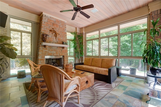 sunroom with a healthy amount of sunlight and wooden ceiling